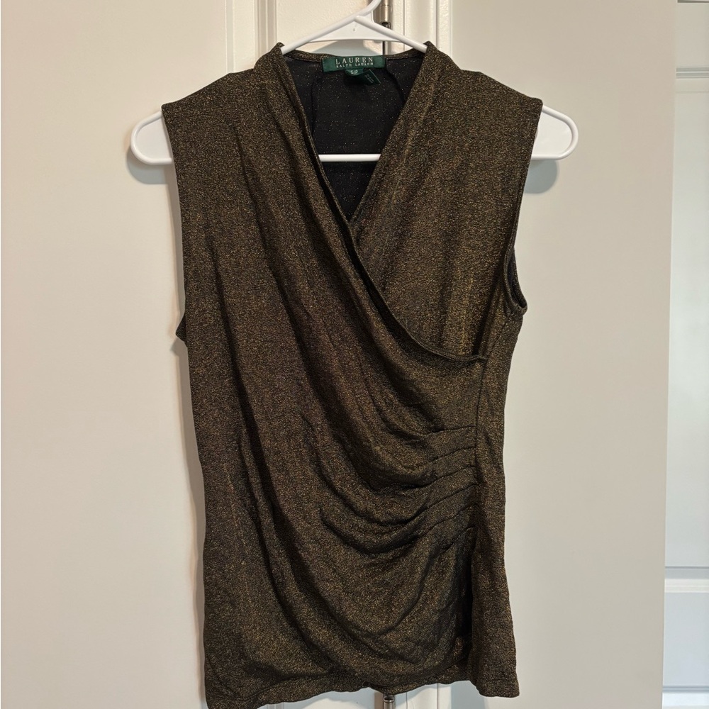 Ralph Lauren Metallic Gold-Black Sleeveless Draped Wrap Tank
